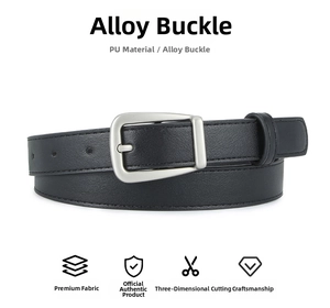 Detail shot of black PU leather belt featuring a polished silver alloy pin buckle closure