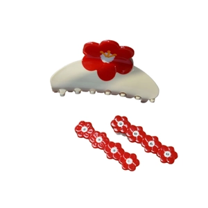 Ensemble pince à cheveux en acétate beige avec fleurs rouges et strass scintillants
