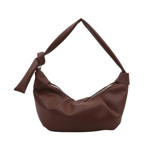 Dark brown pleated croissant bag in pebbled leather with unique knotted shoulder strap
