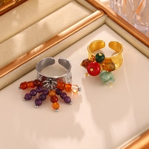 Adjustable 18k gold plated titanium rings with vibrant colorful baroque stone beads