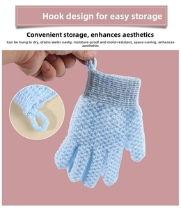 Close-up of blue exfoliating bath glove with textured weave and elastic wrist band