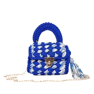Handmade woven crossbody bag in royal blue knit with golden chain and clasp