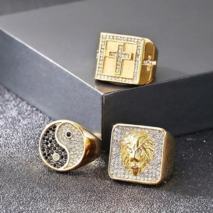 Men's Hip Hop Lion Head Signet Ring Gold Plated Stainless Steel Square Punk Jewelry Cross Tai Chi Patterns Rhinestone Inlaid