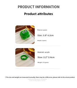 Detailed specs for green frog jewelry box and acrylic animal ring with dimensions