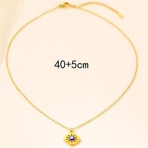 Golden stainless steel evil eye rhombus pendant necklace with sunburst engraving