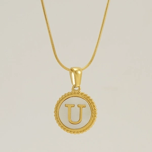 18K gold plated stainless steel snake chain necklace with round shell letter U pendant