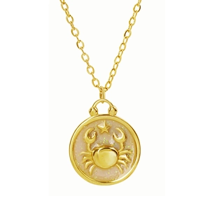 Gold Cancer zodiac pendant necklace with crab motif and starry beige resin on O-chain