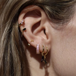 Retro geometric hoop earrings with pink rectangle zircon and black lightning charms