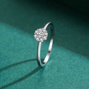 Elegant S925 sterling silver flower ring with micro-set cubic zirconia on green background