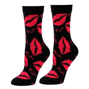 Detail of black mid-calf cotton socks with red lip pattern and Kiss text embroidery