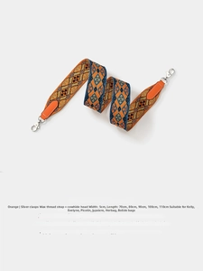 Detail of orange and blue geometric woven wide shoulder strap with silver clasps