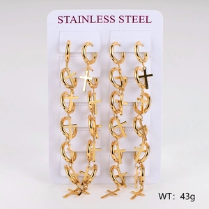 12-pair set of minimalist stainless steel cross earrings in gold finish on card