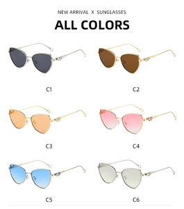 Collection of heart-shaped metal sunglasses in six vibrant colors on white background