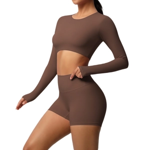 Dark brown long sleeve yoga set with padded cropped top and high waist shorts