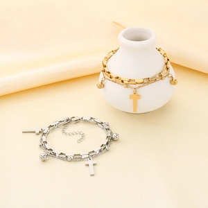 Double-layered 18K gold plated stainless steel cross bracelet with small beads
