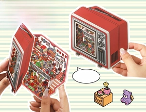 Detail of vintage TV cardstock stickers with matte lamination and interior supermarket scenes