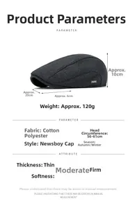 Detailed size specifications for a men's dark grey winter newsboy cap with warm lining