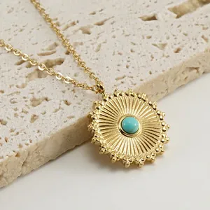 Round Sunburst Pendant Necklace 18K Gold Plated Stainless Steel With Turquoise Retro Bohemian Minimalist Jewelry For Women