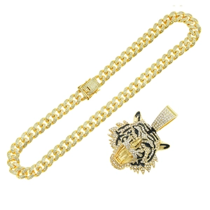 Hip hop style gold plated tiger head pendant necklace with rhinestones on Cuban link chain