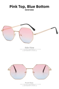 Detail view of octagon metal sunglasses with pink and blue gradient lenses and gold frame
