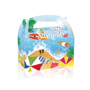 Sky blue summer beach themed paper gift box with HELLO Summer text and handle