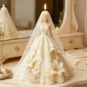 Elegant bridal wedding dress scented candle with intricate floral reliefs and tulle veil