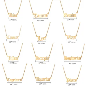 18K gold plated stainless steel zodiac nameplate necklaces featuring gothic letter pendants