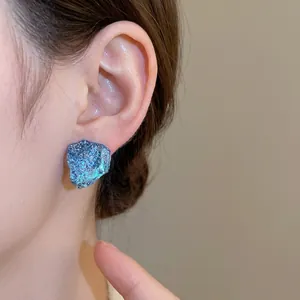 French style irregular blue resin stud earrings with silver needle for women