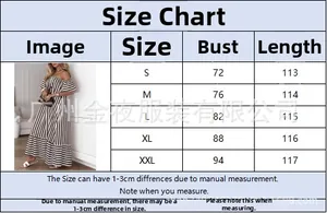 Size chart for off-shoulder striped maxi dress with bust and length in cm