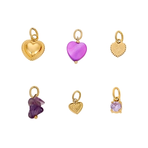 Set of six gold and purple heart pendants with crystal and shell details for jewelry making