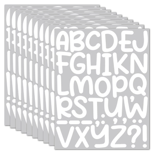 Detail of white 2-inch waterproof vinyl alphabet stickers showing stacked sheets on a gray background