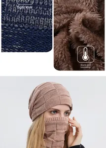 Nahaufnahme des dicken Thermo-Fleecefutter und der karierten Strickstruktur von Mütze und Schal