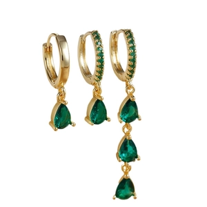 Three-piece gold drop earring set with green stones and micro-pave cubic zirconia accents