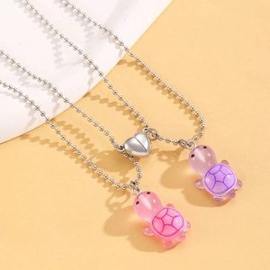 Luminous resin turtle magnetic heart necklaces with silver bead chains for couples