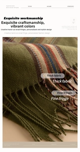 Close-up of olive plaid scarf featuring premium jacquard weave and fine fringe details