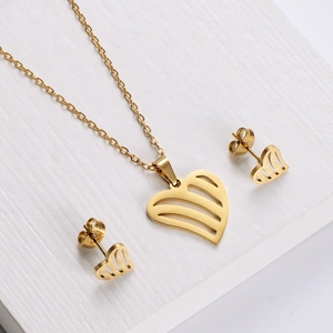 Elegant gold plated stainless steel jewelry set featuring hollow heart necklace and earrings