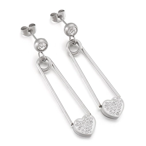 Boucles d'oreilles trombone argentées avec cœurs sertis de cristaux en acier