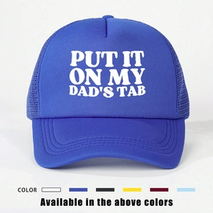 Dark blue trucker hat with Put It On My Dad's Tab slogan and breathable mesh back