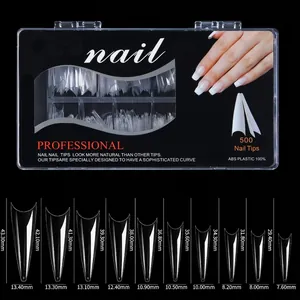Size chart showing exact height and width for long pointed stiletto nail tips in 10 sizes