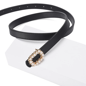 Elegant thin black leather belt for women with gold pearl and rhinestone buckle decoration