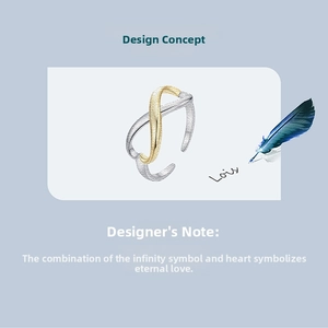 Close-up of infinity heart adjustable ring with brushed metal texture and designer card