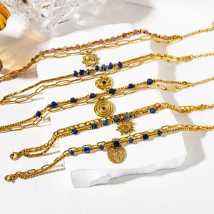 Bohemian Stainless Steel Double Layered Bracelet With Natural Stone Lapis Lazuli Sun Heart Star Pendant For Women Retro Gold Jewelry