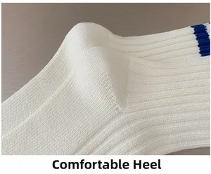 Close-up of the comfortable heel part on thick ivory cotton socks with rib knit texture