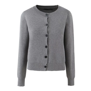 Minimalist grey long sleeve knit cardigan with single-breasted buttons and round neck