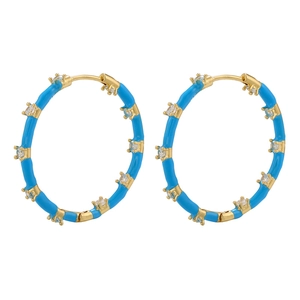 Sky blue enamel gold hoop earrings with zircon stones and polished metal finish