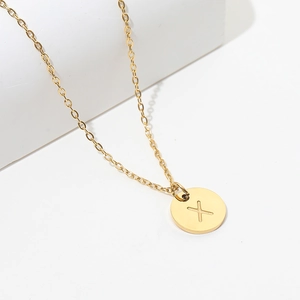 Polished 18k gold plated stainless steel pearl necklace with round letter X pendant