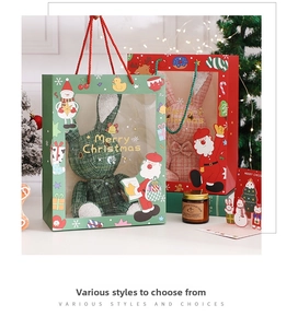Detailed view of Christmas gift bags with transparent window showing plush bunny inside