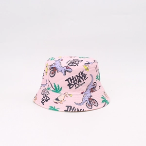 Close-up of pink sun hat with cartoon dinosaur print and Think Brave California text