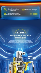 Detail of STEAM building block robot showing mechanical gears and belt drive system