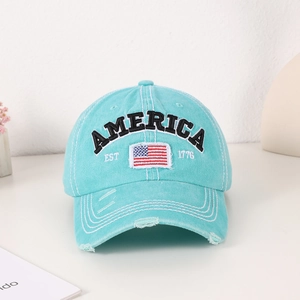 Distressed light blue baseball cap featuring America flag and EST 1776 embroidery